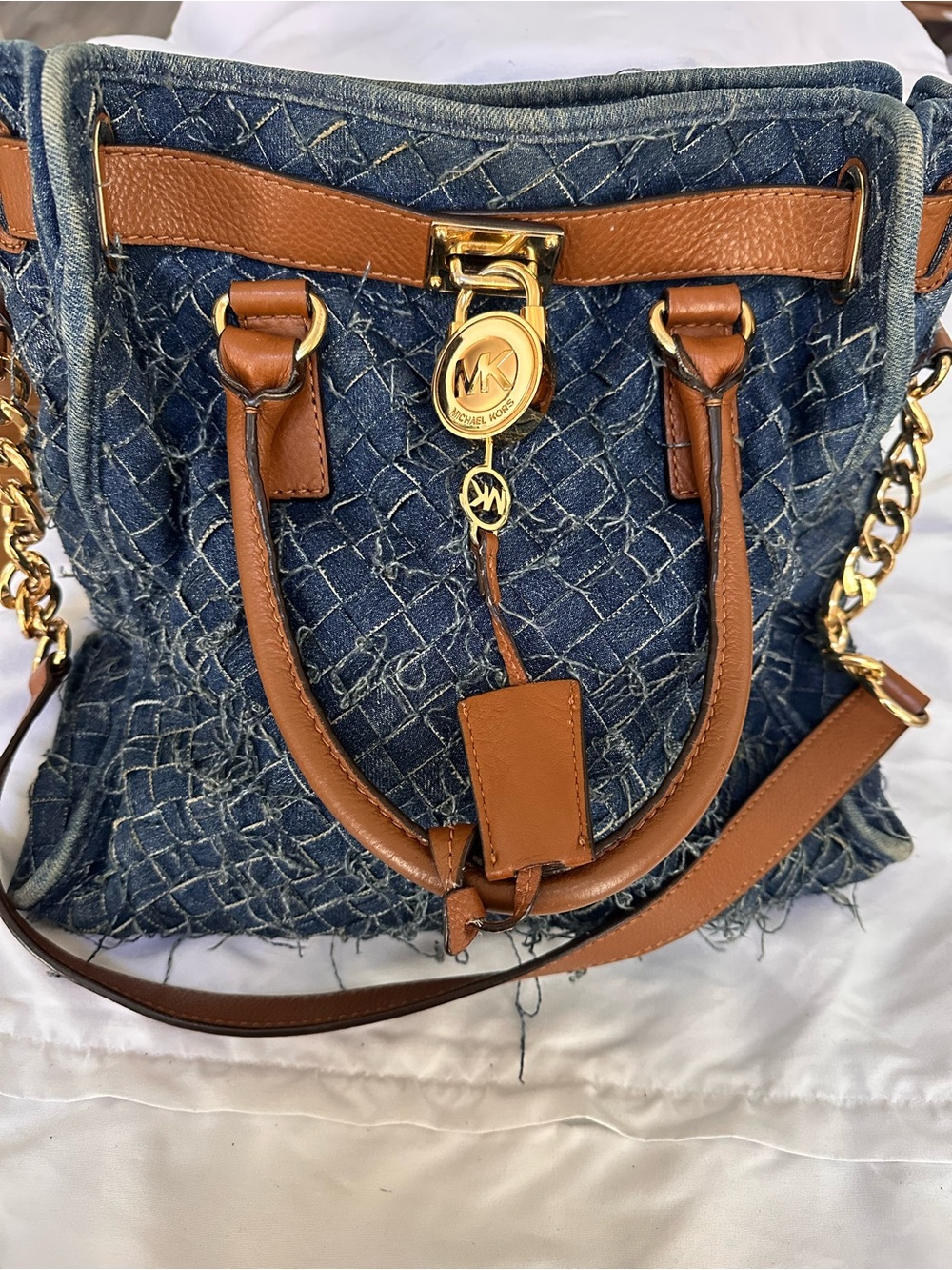 Large Michael Kors Frayed Denim Quilted Tote with Brown Leather Trim